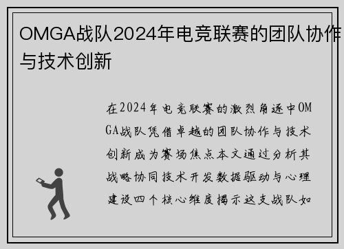 OMGA战队2024年电竞联赛的团队协作与技术创新